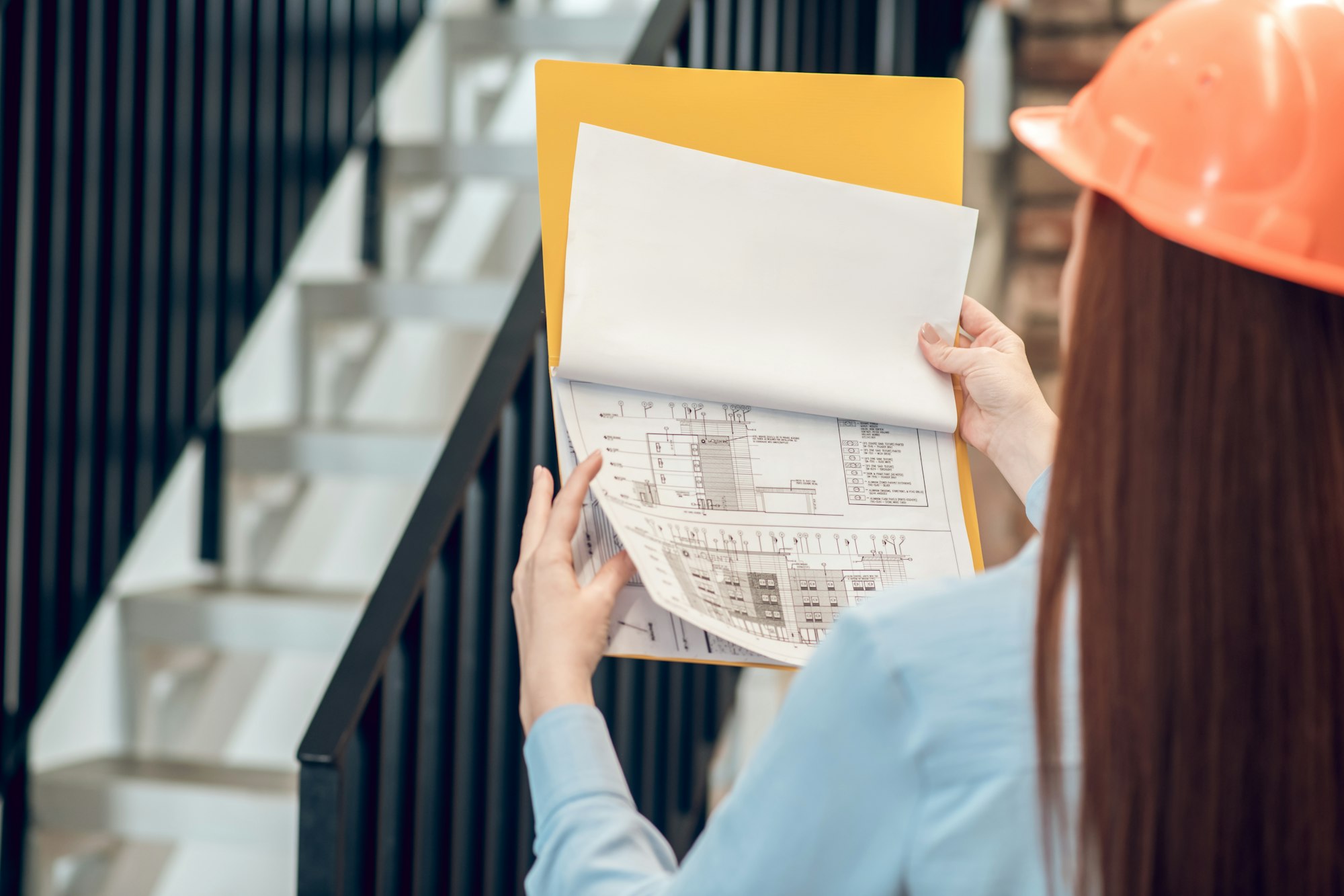 Construction plan in hands of woman with back